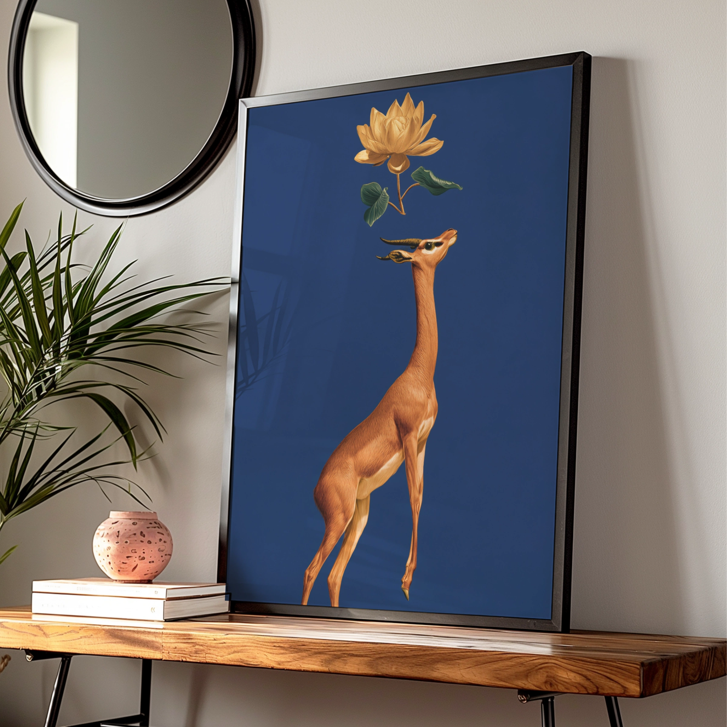 Gerenuk Antelope Lotus Flower Poster, Navy Blue Gold Wildlife Art Print
