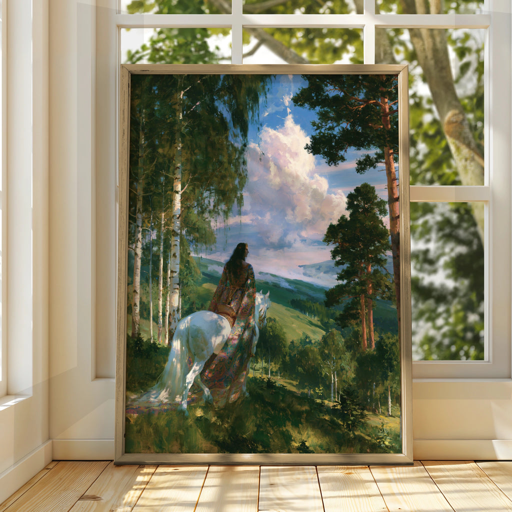 Pre-Raphaelite Woman on White Horse Forest Poster, Romantic Painting Print