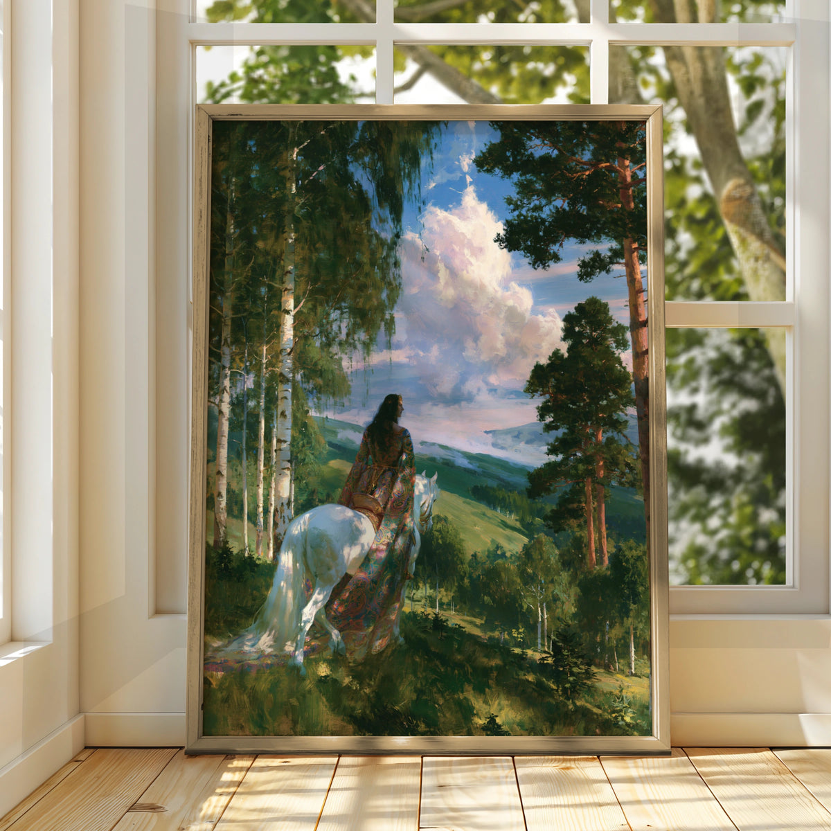 Pre-Raphaelite Woman on White Horse Forest Poster, Romantic Painting Print