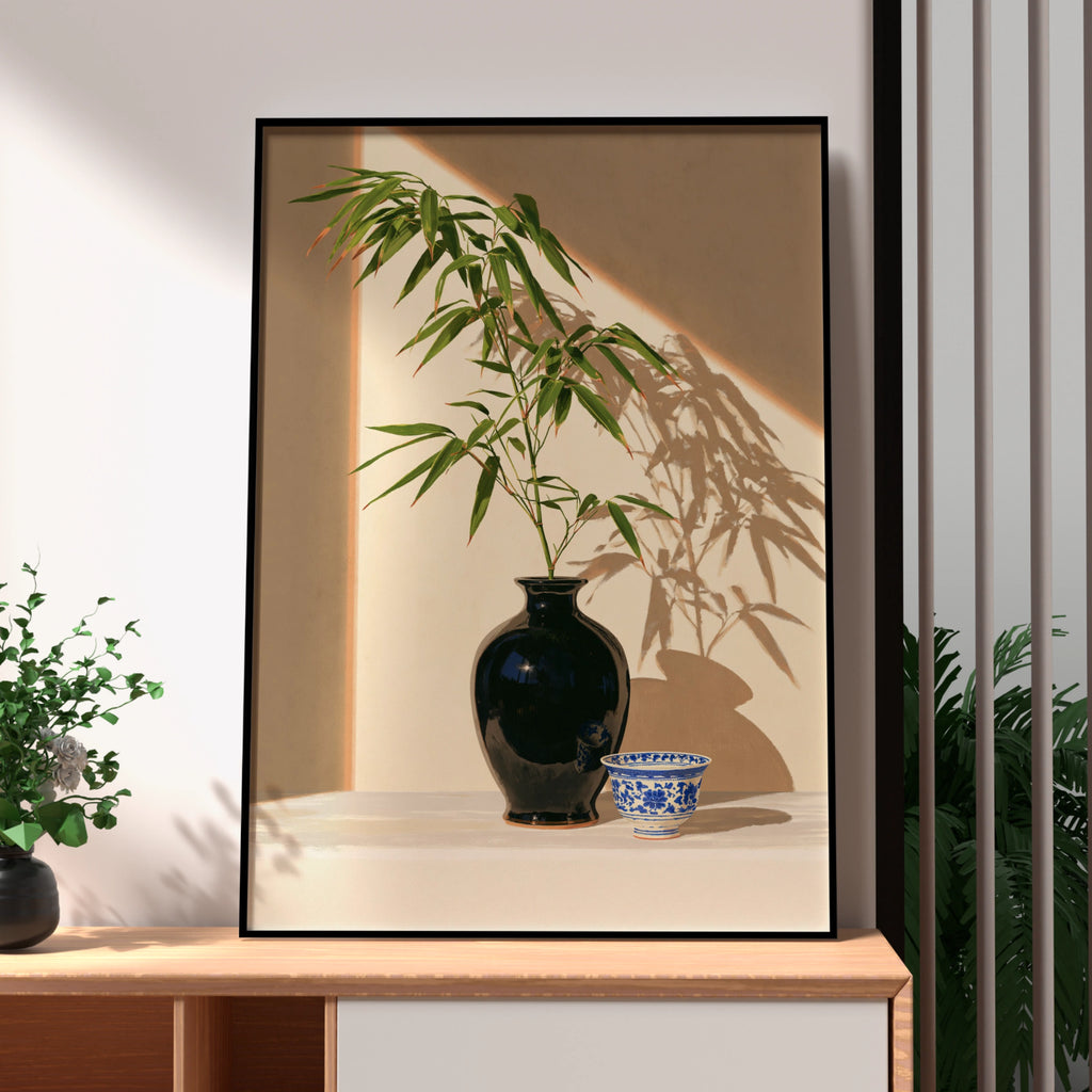 Black Porcelain Vase Bamboo Still Life Poster, Asian Botanical Wall Art Print
