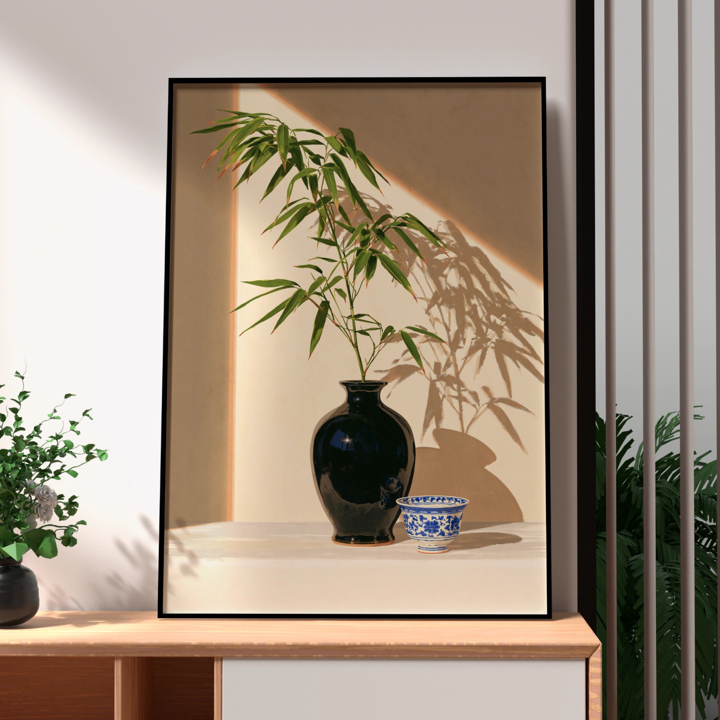 Black Porcelain Vase Bamboo Still Life Poster, Asian Botanical Wall Art Print