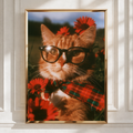 Cat Wearing Glasses Flowers Poster, Ginger Cat Wall Art, Retro Floral Print