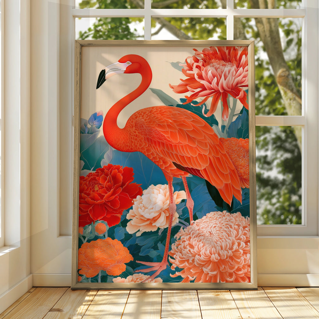 Flamingo Japanese Floral Poster, Botanical Bird Art Print, Ukiyo-e Style