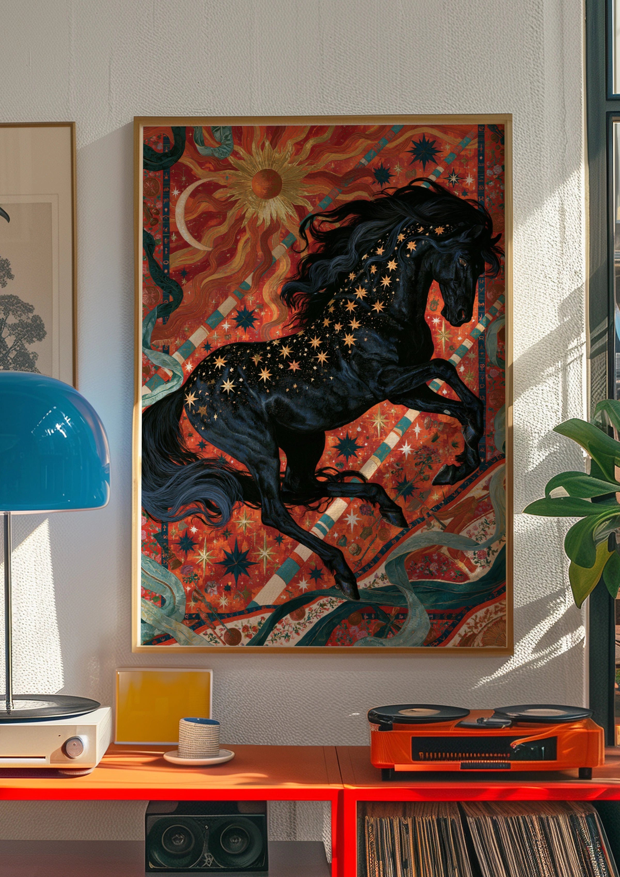 Celestial Black Horse Poster, Mystical Sun Moon Wall Art, Maximalist Print