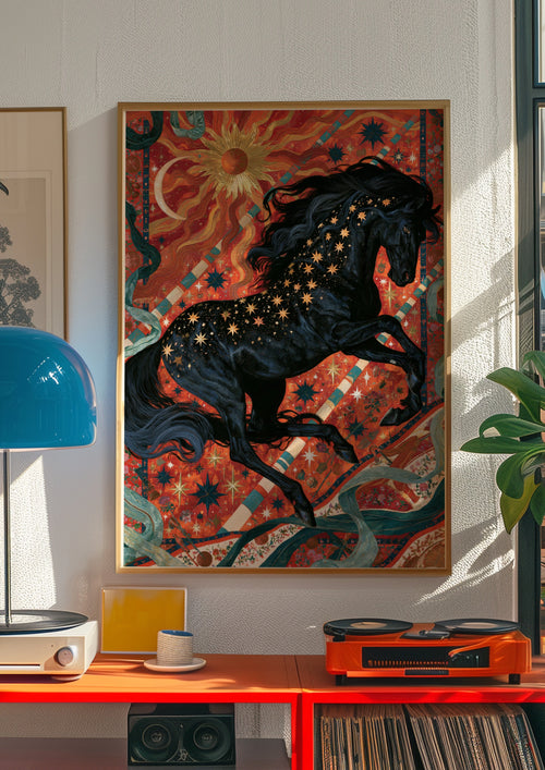 Celestial Black Horse Poster, Mystical Sun Moon Wall Art, Maximalist Print