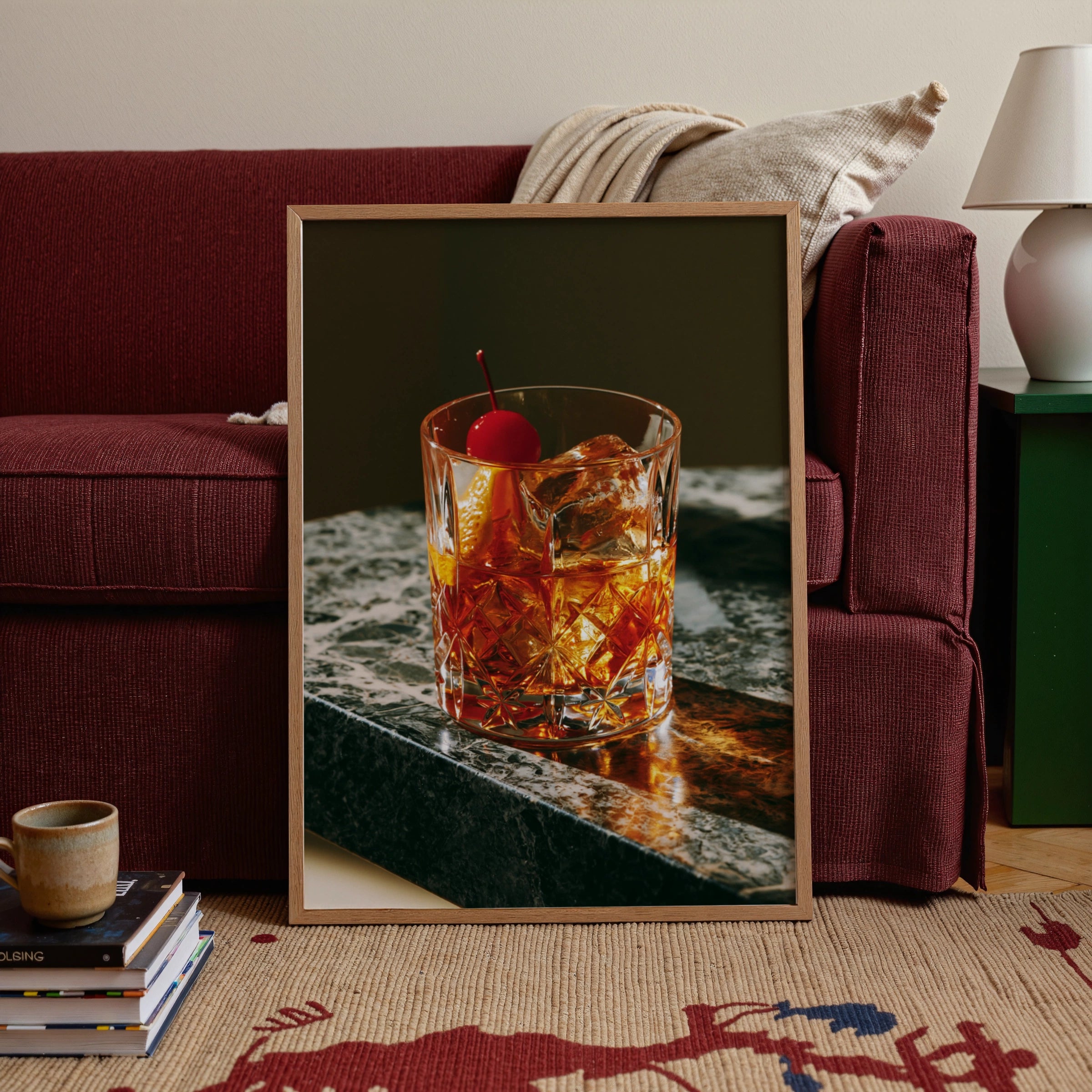 Old Fashioned Cocktail Poster, Whisky Bar Wall Art, Marble, Moody Print