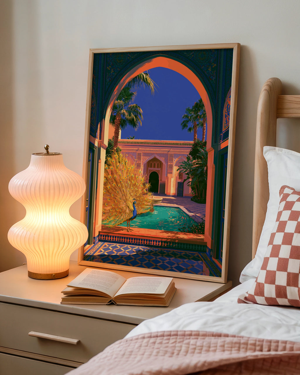 Peacock Moroccan Courtyard Poster, Marrakech Riad Pool Art Print, Vibrant