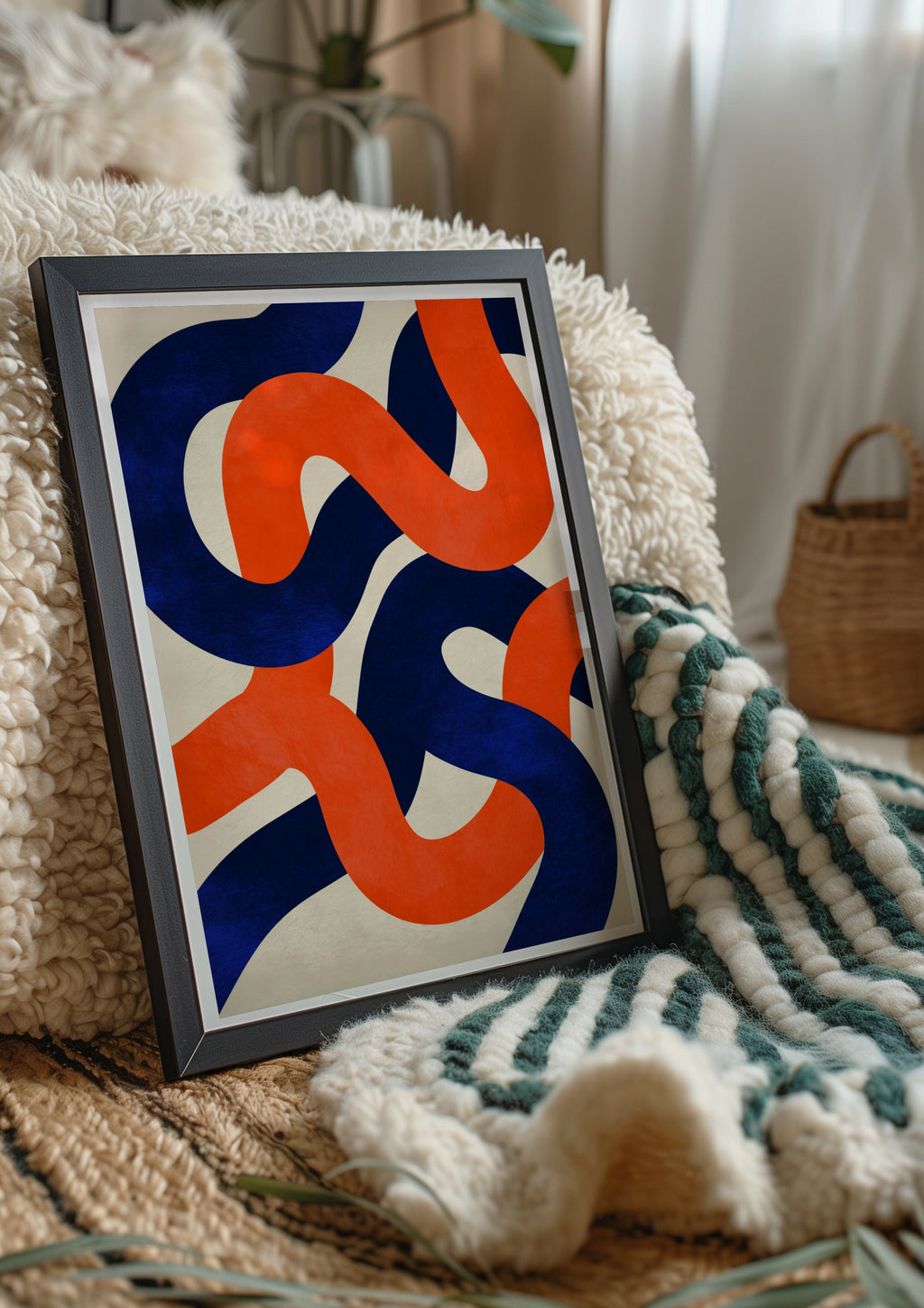 Abstract Swirl Pattern Poster, Red Blue White Bold Curves, Modern Wall Art