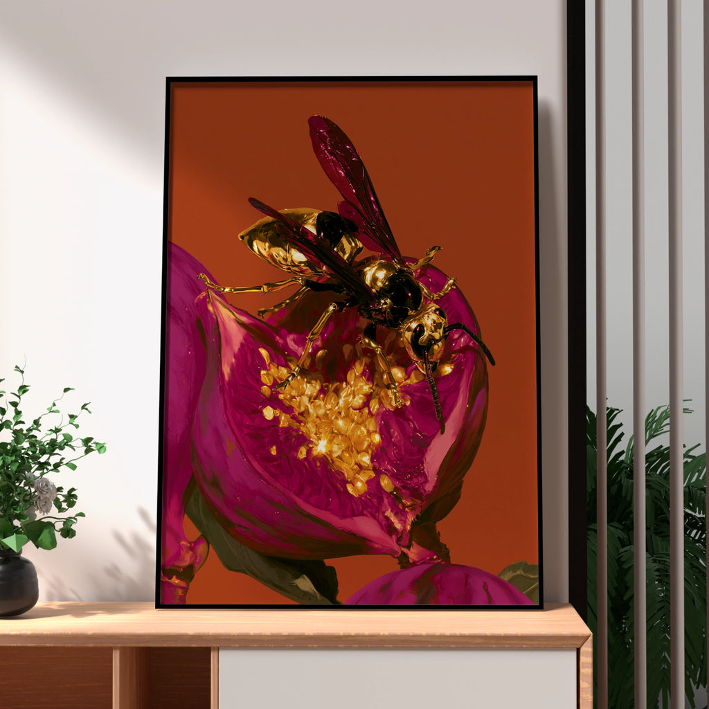 Gold Wasp on Fig Flower Poster, Bold Orange Magenta Wall Art Print
