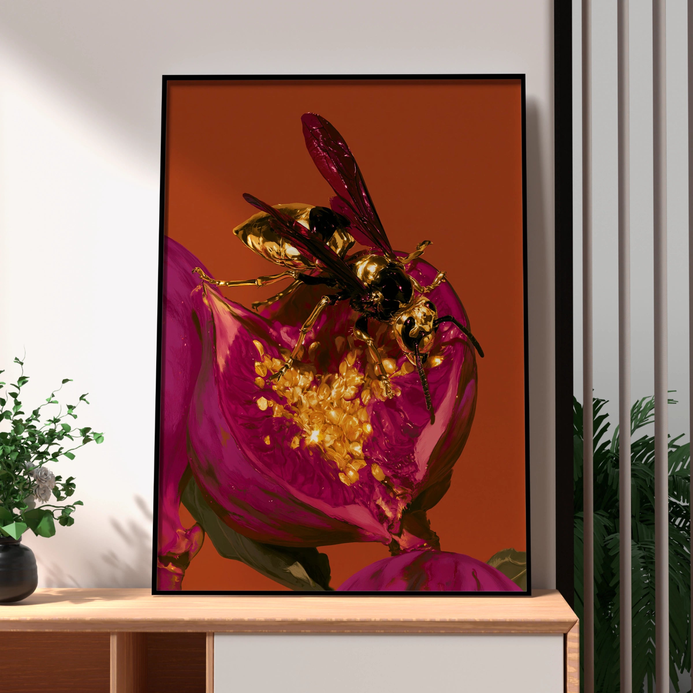 Gold Wasp on Fig Flower Poster, Bold Orange Magenta Wall Art Print