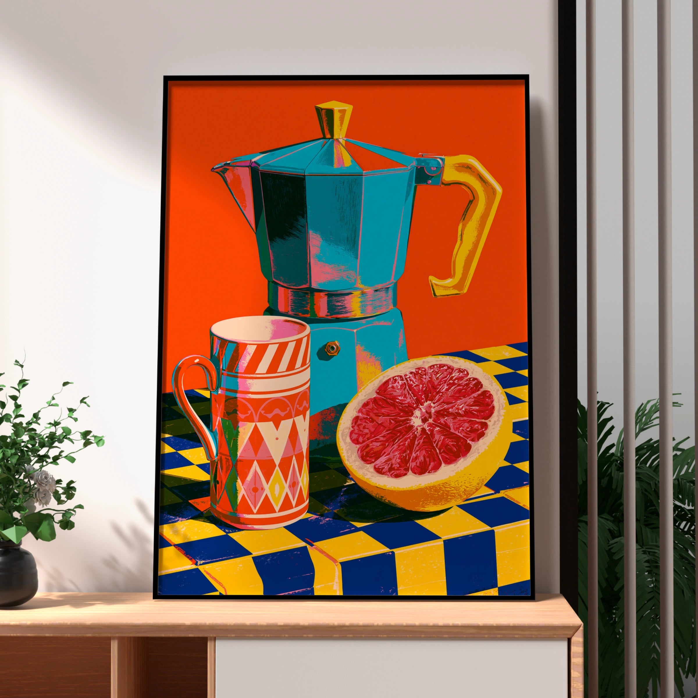 Moka Pot Coffee Print, Bold Pop Art Kitchen Poster, Colourful Still Life