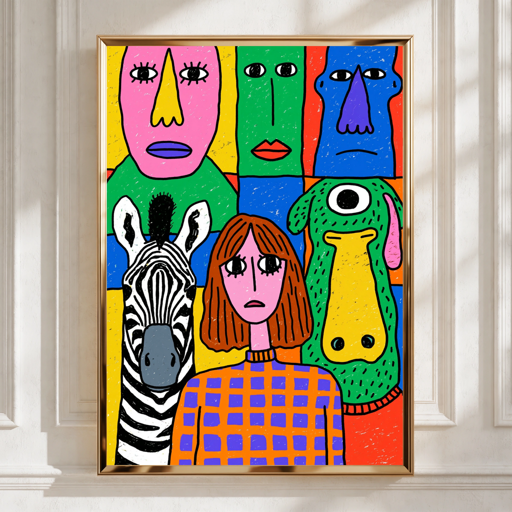 Colourful Abstract Faces Poster, Zebra Girl Monster Wall Art, Bold Drawing
