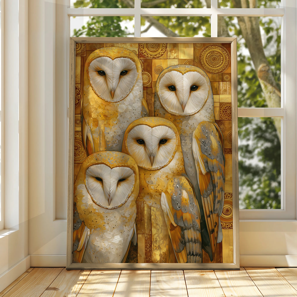 Barn Owls Poster, Golden Klimt Style Wall Art, Art Nouveau Bird Print