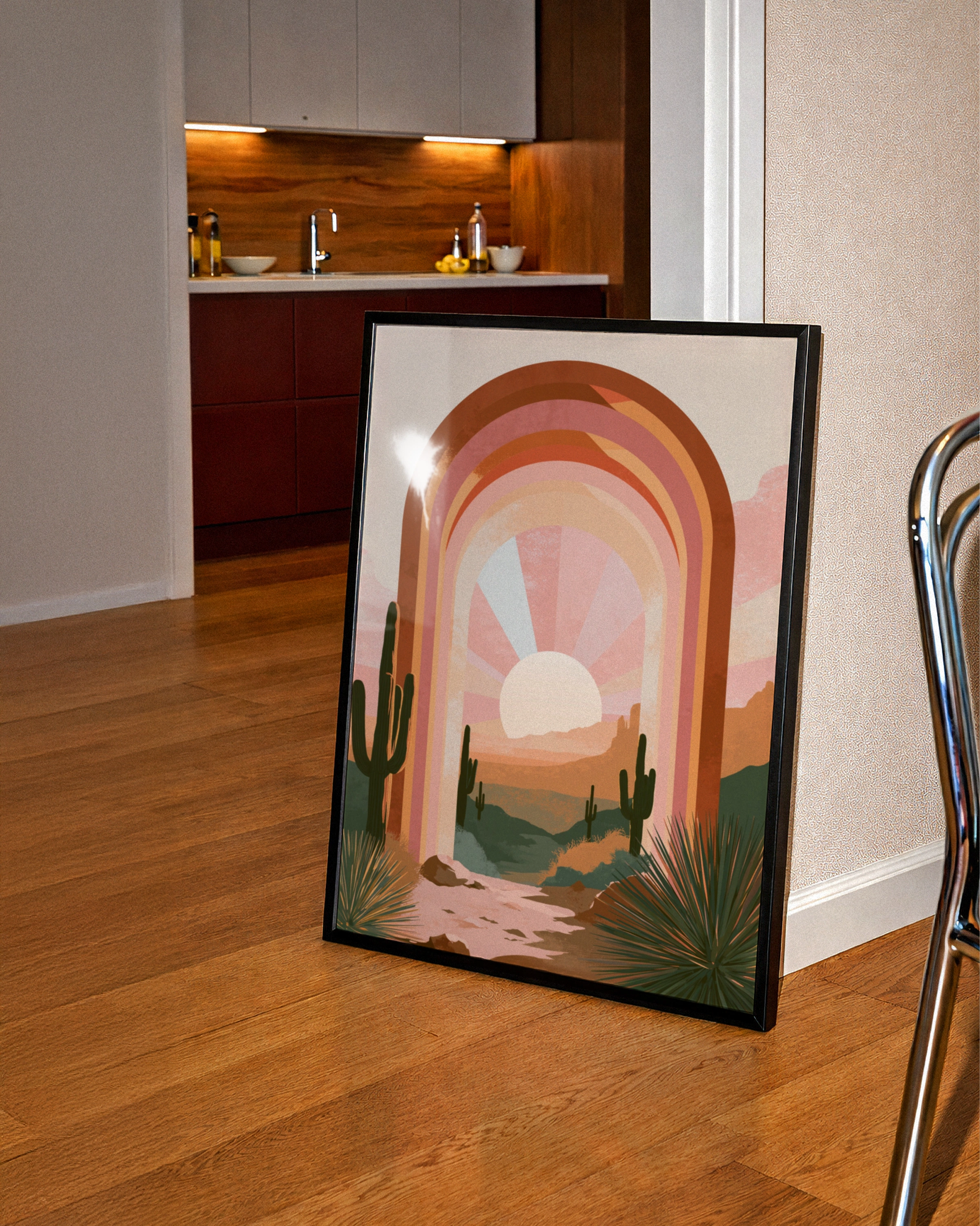 Desert Cactus Arch Sunset Poster, Surreal Boho Southwest Wall Art Print