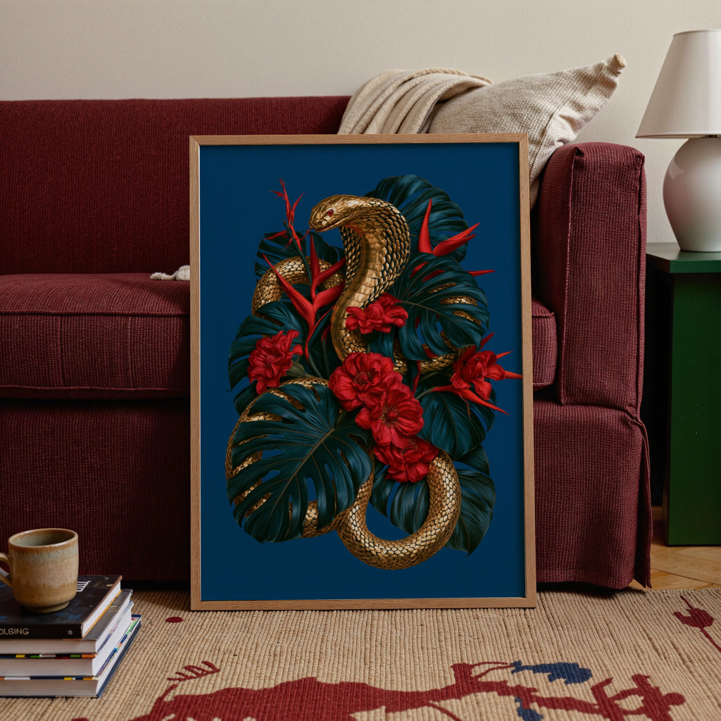 Gold Cobra Snake Monstera Flowers Poster, Tropical Botanical Wall Art Print