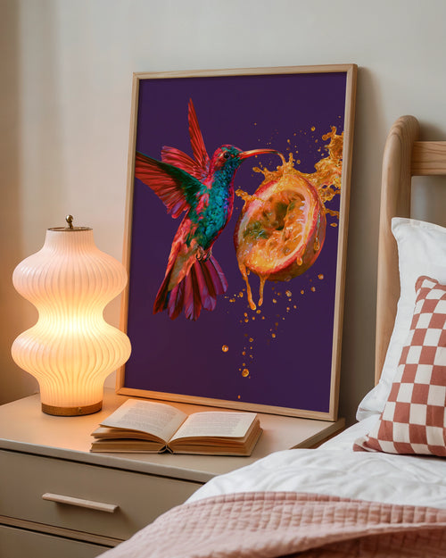 Hummingbird Passion Fruit Wall Art Poster, Vibrant Tropical Bird Print