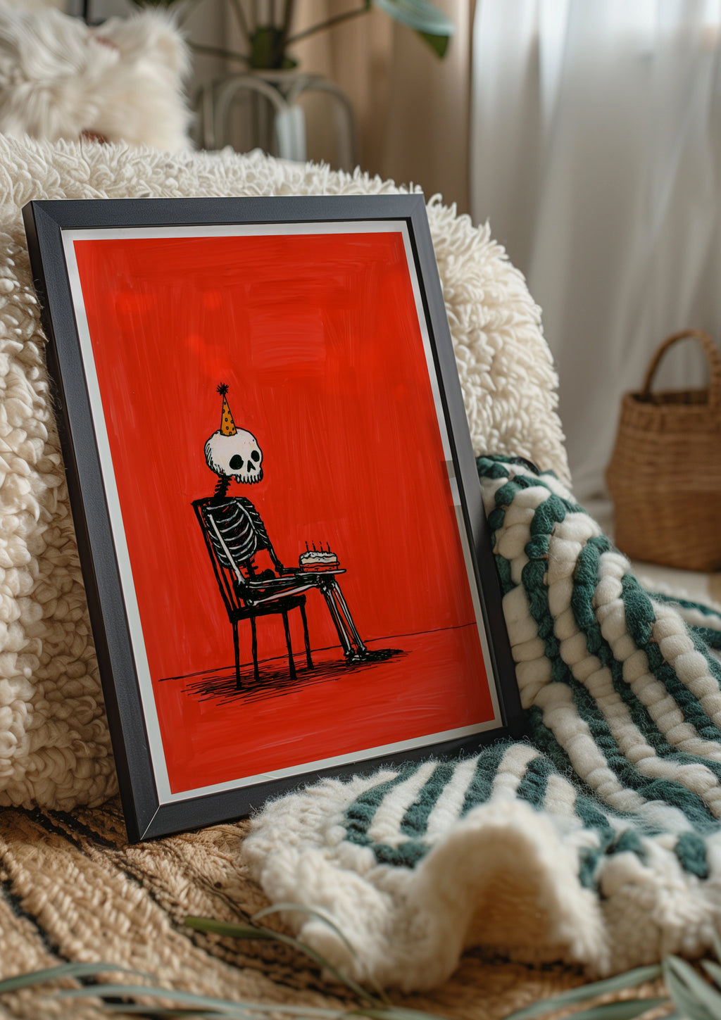 Birthday Skeleton Poster, Party Hat Cake Wall Art, Bold Red Illustration Print