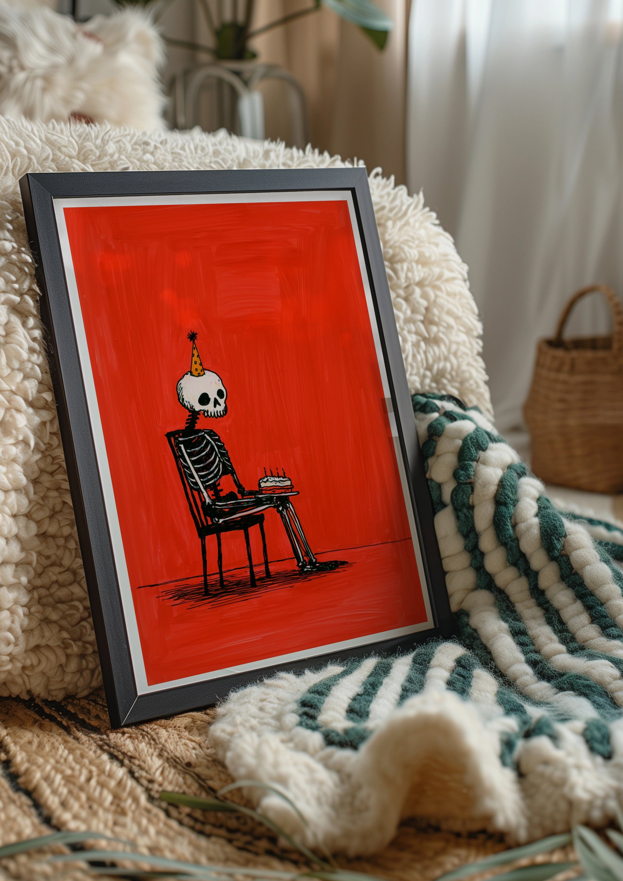Birthday Skeleton Poster, Party Hat Cake Wall Art, Bold Red Illustration Print