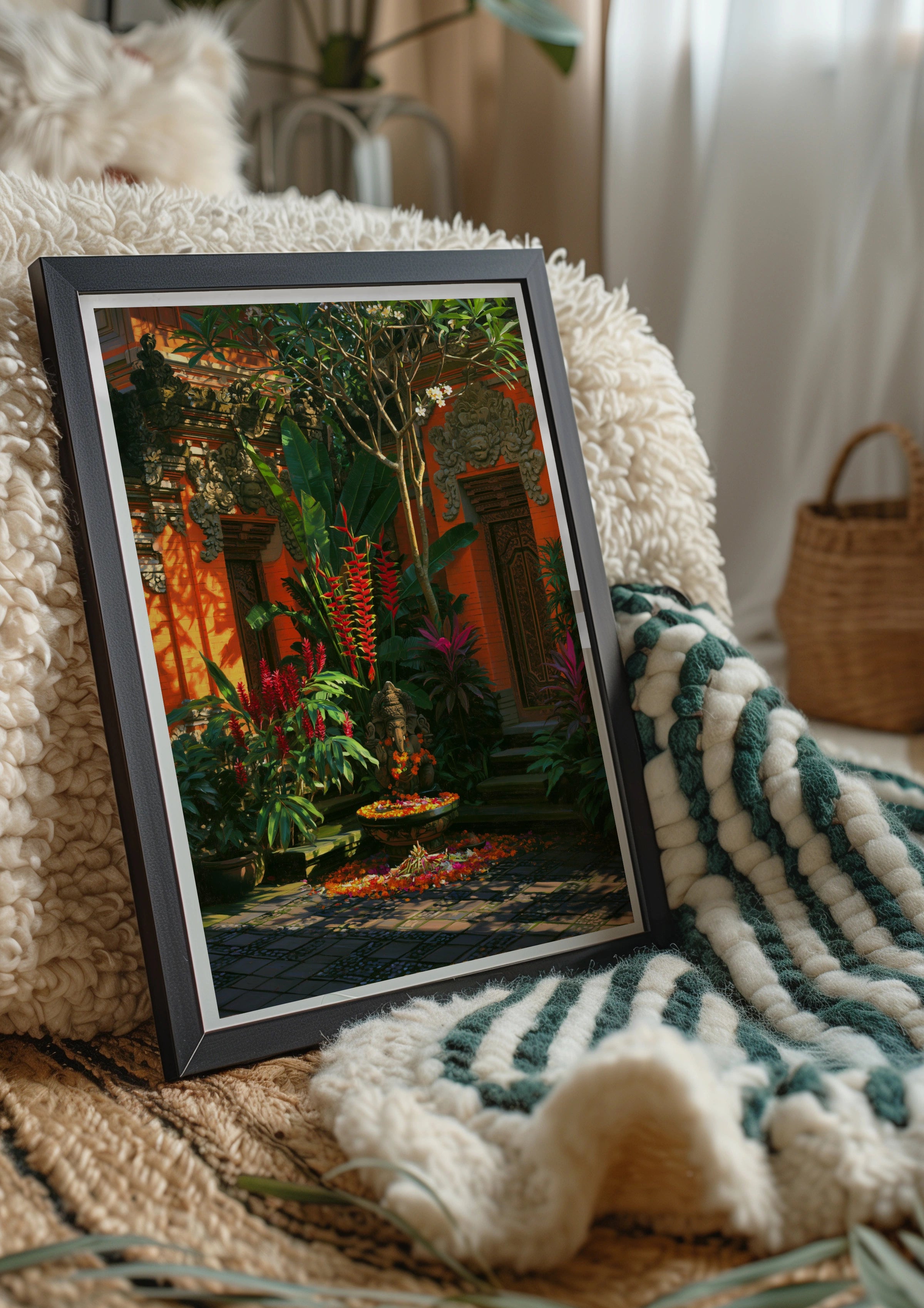 Balinese Courtyard Ganesha Poster, Tropical Temple Garden, Bali Wall Art
