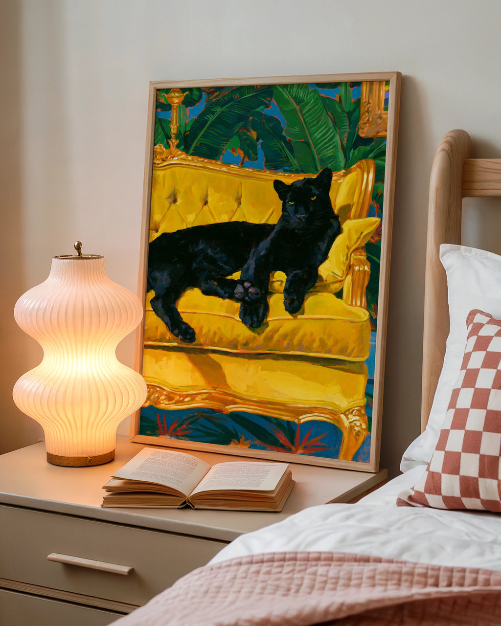 Black Panther on Yellow Sofa Wall Art Poster, Tropical Maximalist Print