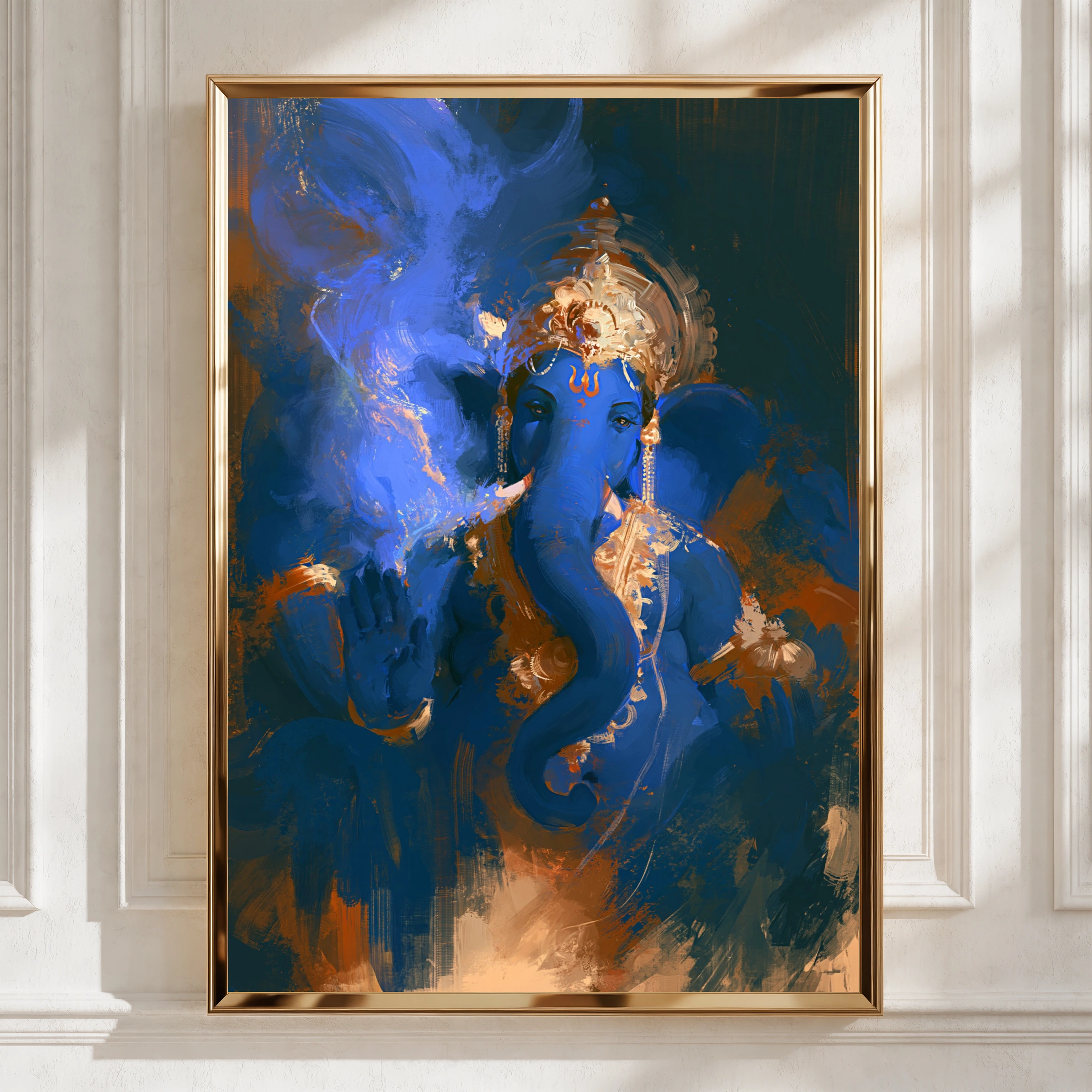 Ganesha Blue Shadow Painting Poster, Hindu God Wall Art, Spiritual Print