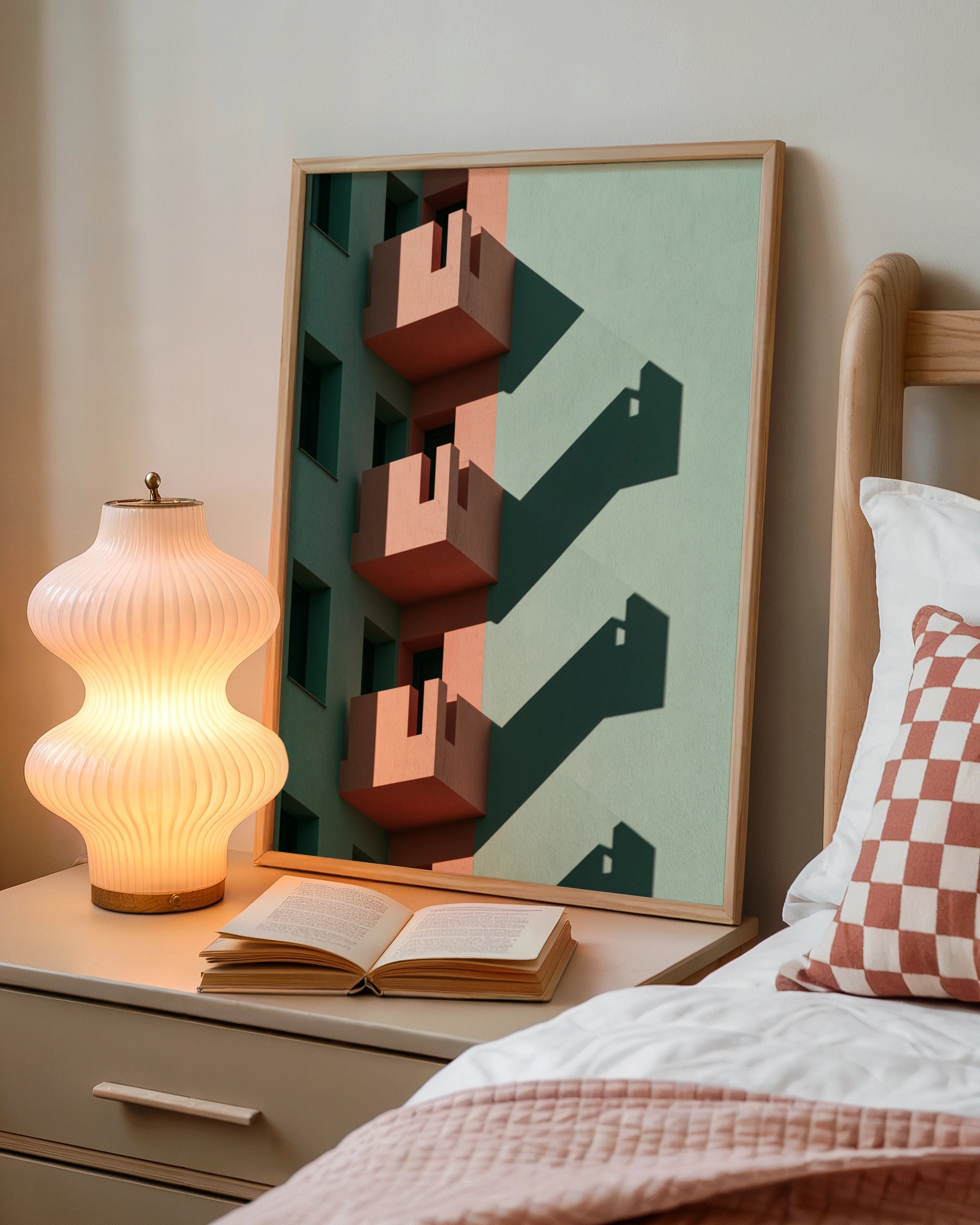 Architecture Balcony Shadow Poster, Pink Green Geometric Building Print, Minimalist