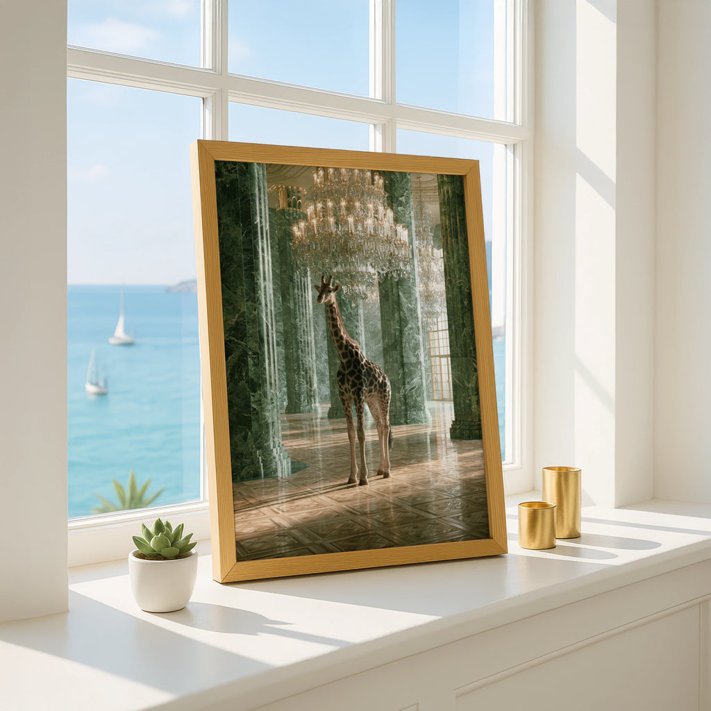 Giraffe in Grand Marble Hall, Crystal Chandelier Poster, Surreal Animal Art