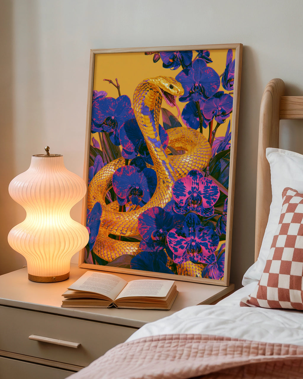 Gold Cobra Snake Orchid Flowers Poster, Bold Purple Yellow Wall Art Print