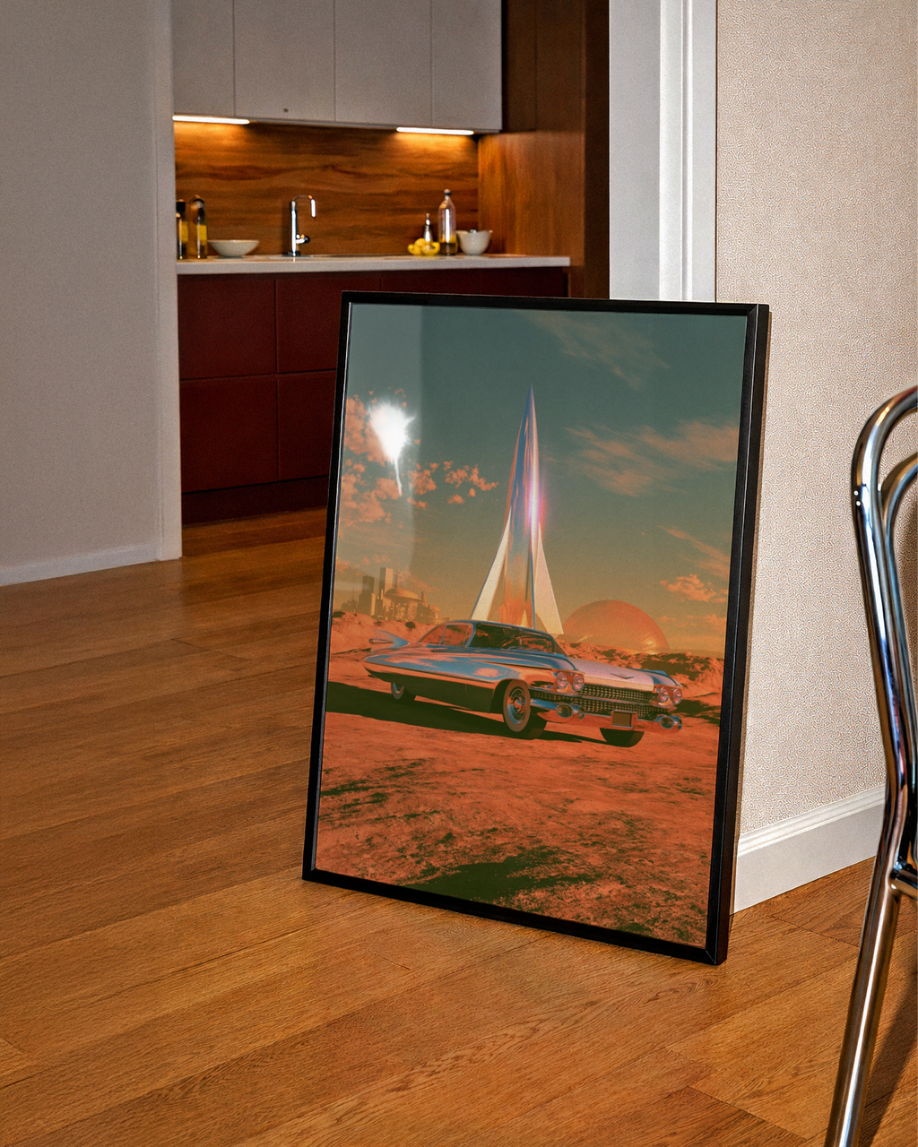 Retro Futuristic Car Planet Rocket Poster, Classic Cadillac Space Art Print