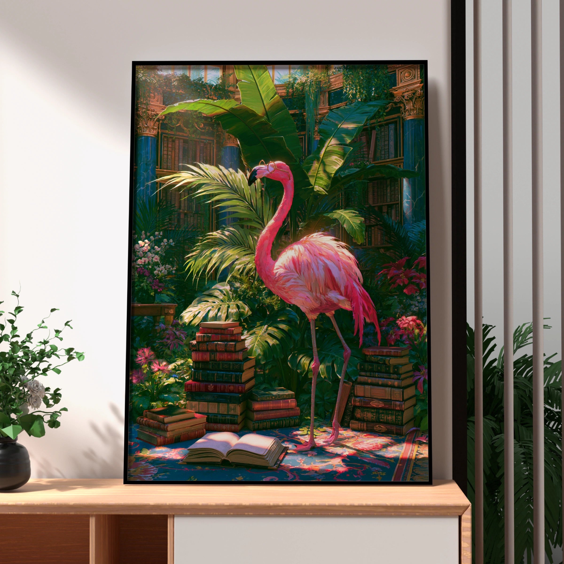 Flamingo Library Poster, Tropical Books Wall Art, Whimsical Botanical Print