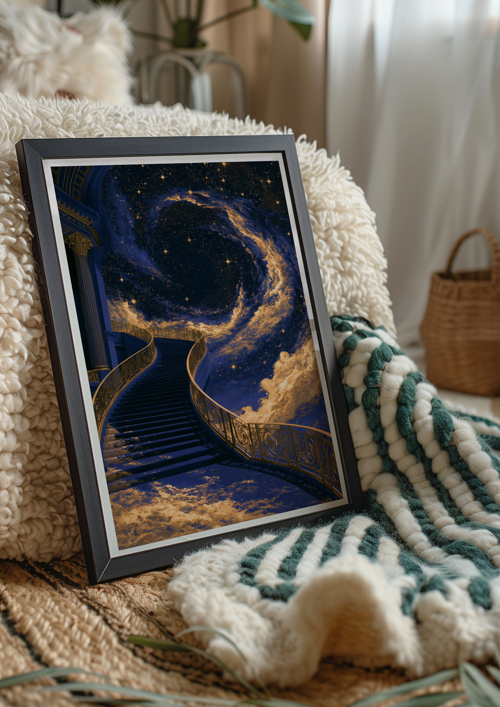 Stairway to Heaven Poster, Celestial Galaxy Art, Navy Blue Gold Print