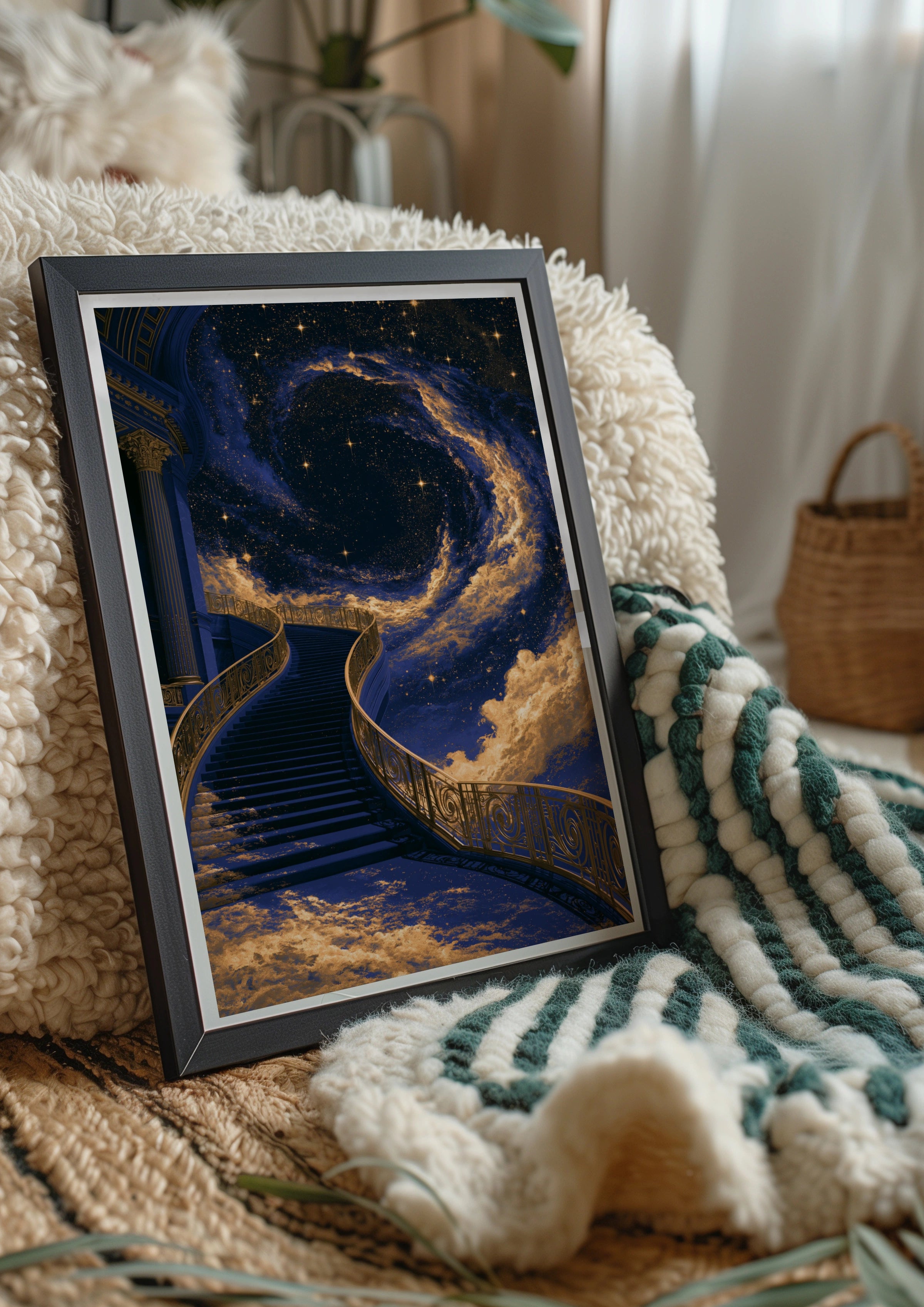 Stairway to Heaven Poster, Celestial Galaxy Art, Navy Blue Gold Print