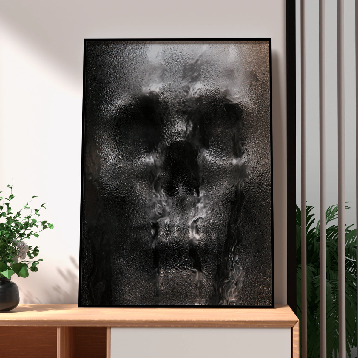 Skull Through Wet Glass Poster, Dark Gothic Wall Art, Moody Monochrome Print