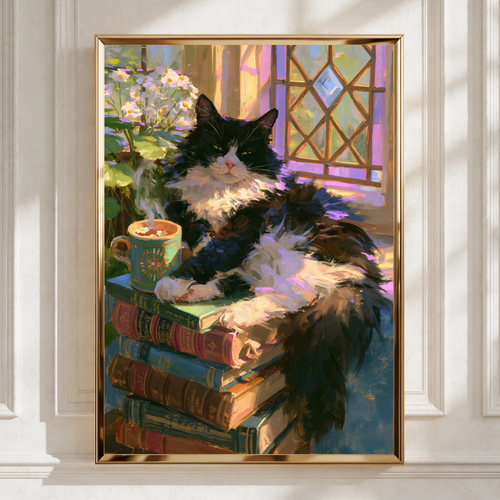 Sleepy Cat on Books Poster, Tuxedo Cat Wall Art, Cosy Reading Print