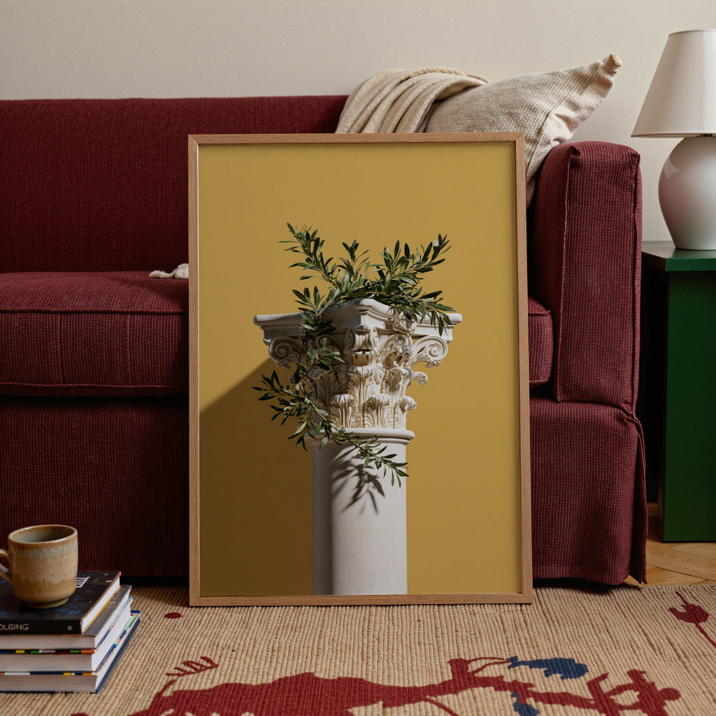 Greek Column Olive Branch Poster, Corinthian Capital Wall Art, Yellow Minimalist Print