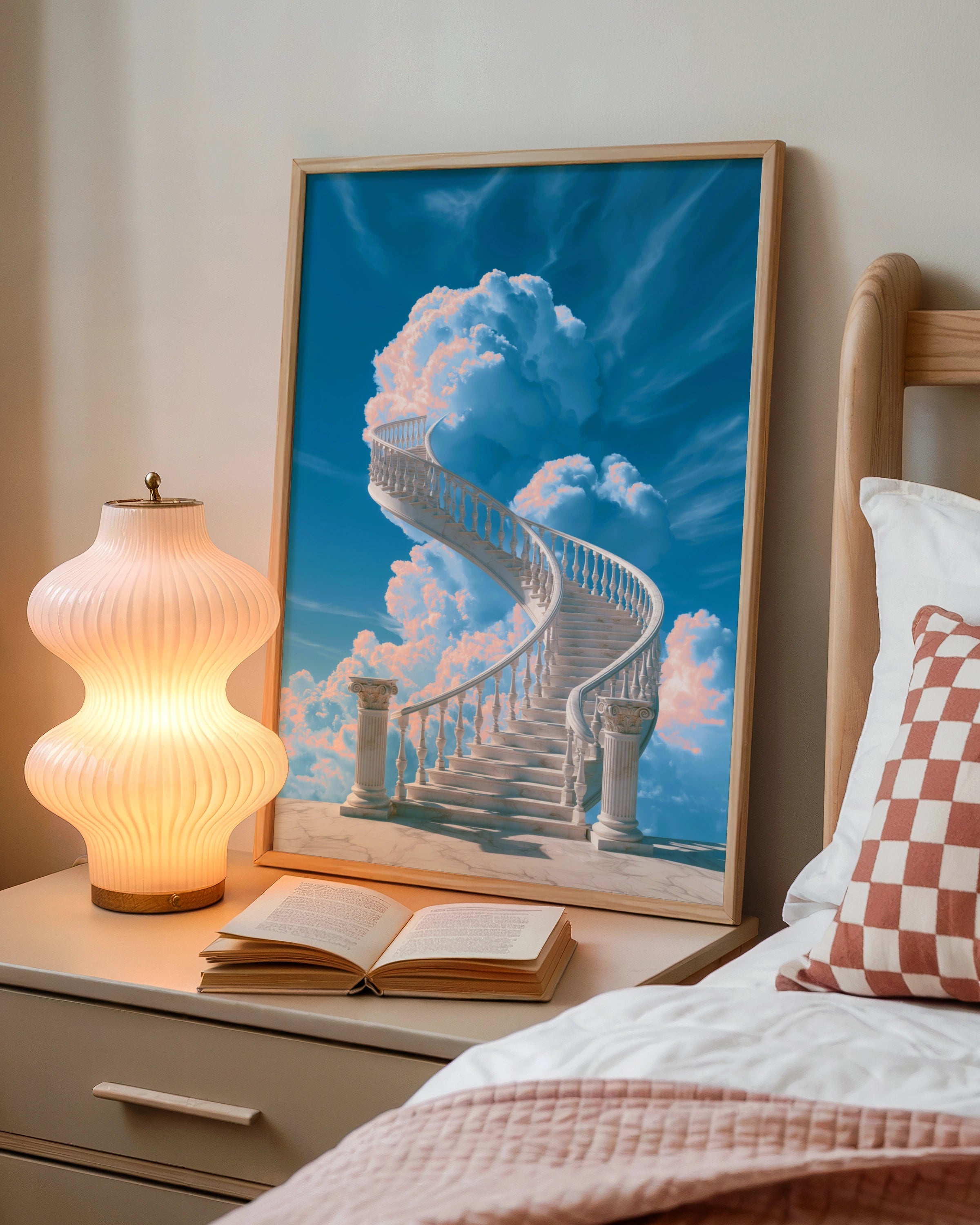Stairway to Heaven Poster, Marble Spiral Staircase, Classical Columns, Sky Art Print