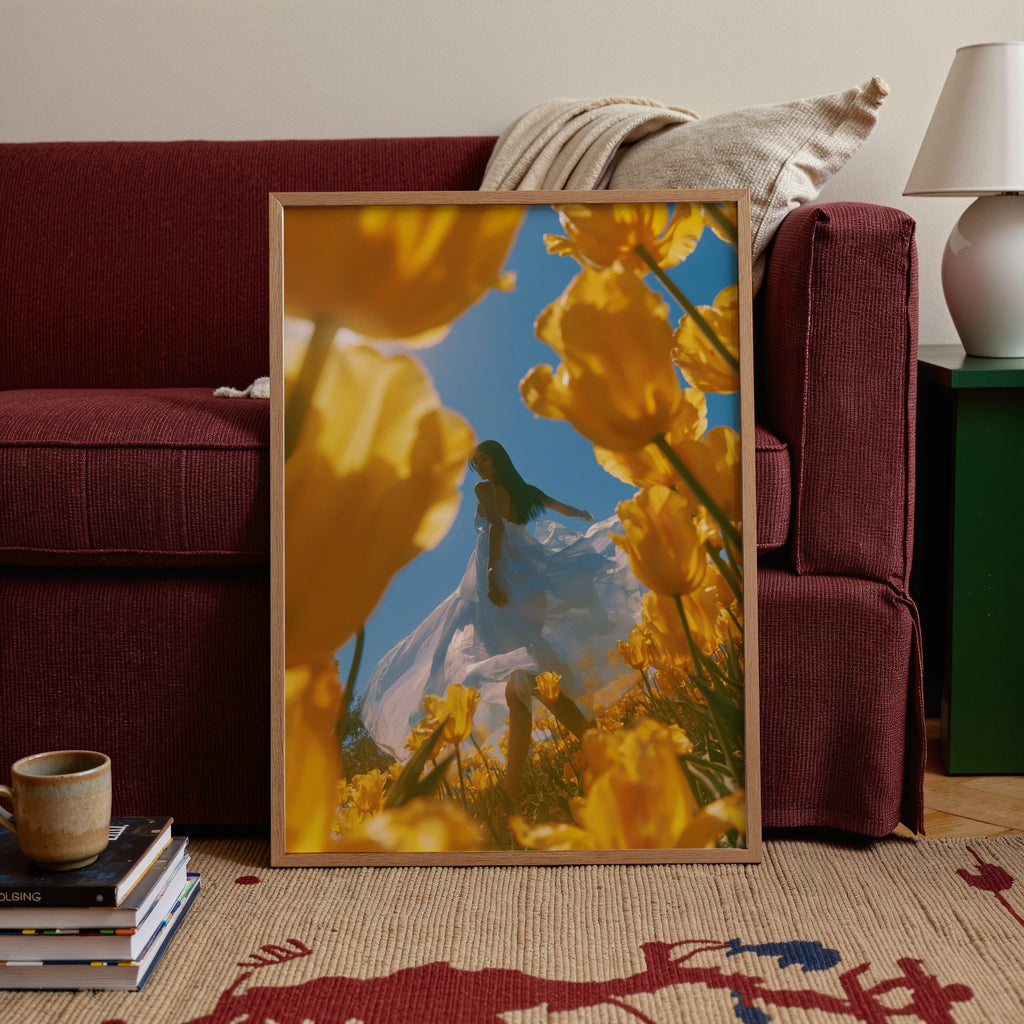 Woman in Yellow Tulip Field Poster, White Dress Floral Wall Art, Spring