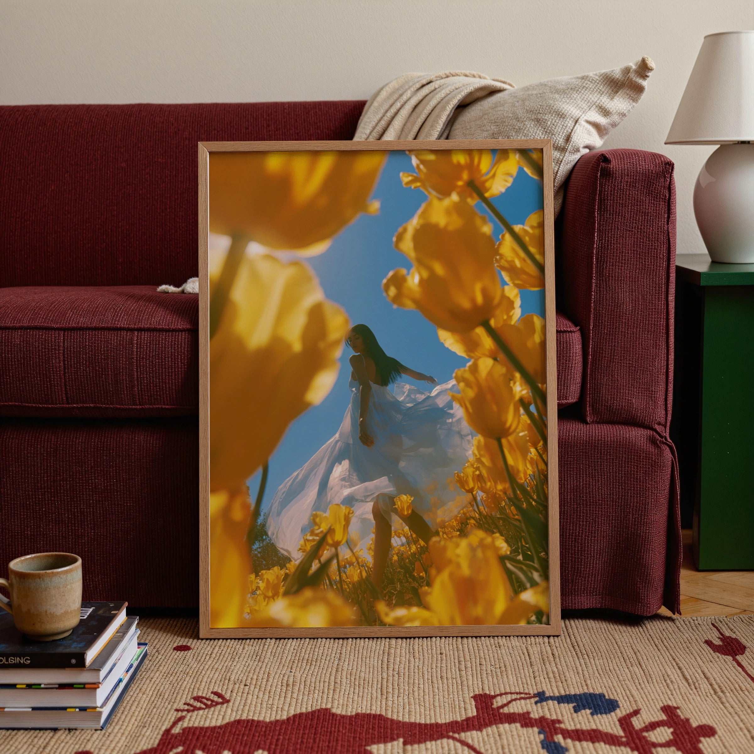 Woman in Yellow Tulip Field Poster, White Dress Floral Wall Art, Spring