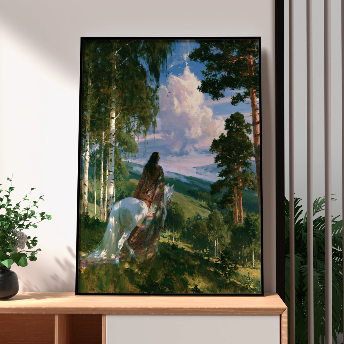 Pre-Raphaelite Woman on White Horse Forest Poster, Romantic Painting Print
