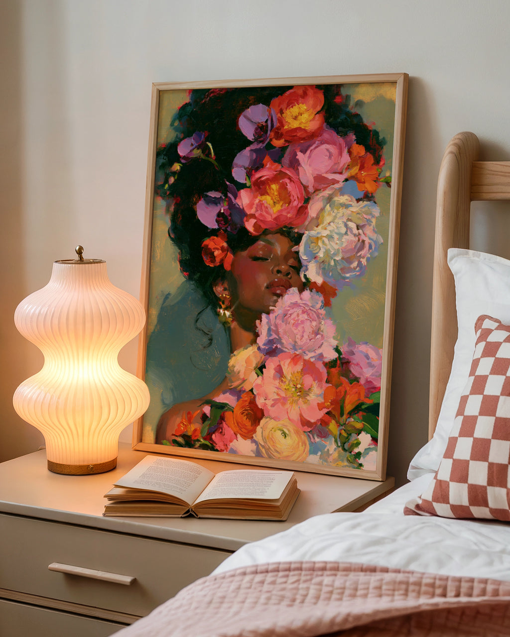 Woman with Flowers Wall Art Poster, Floral Portrait Print, Oil Painting Style