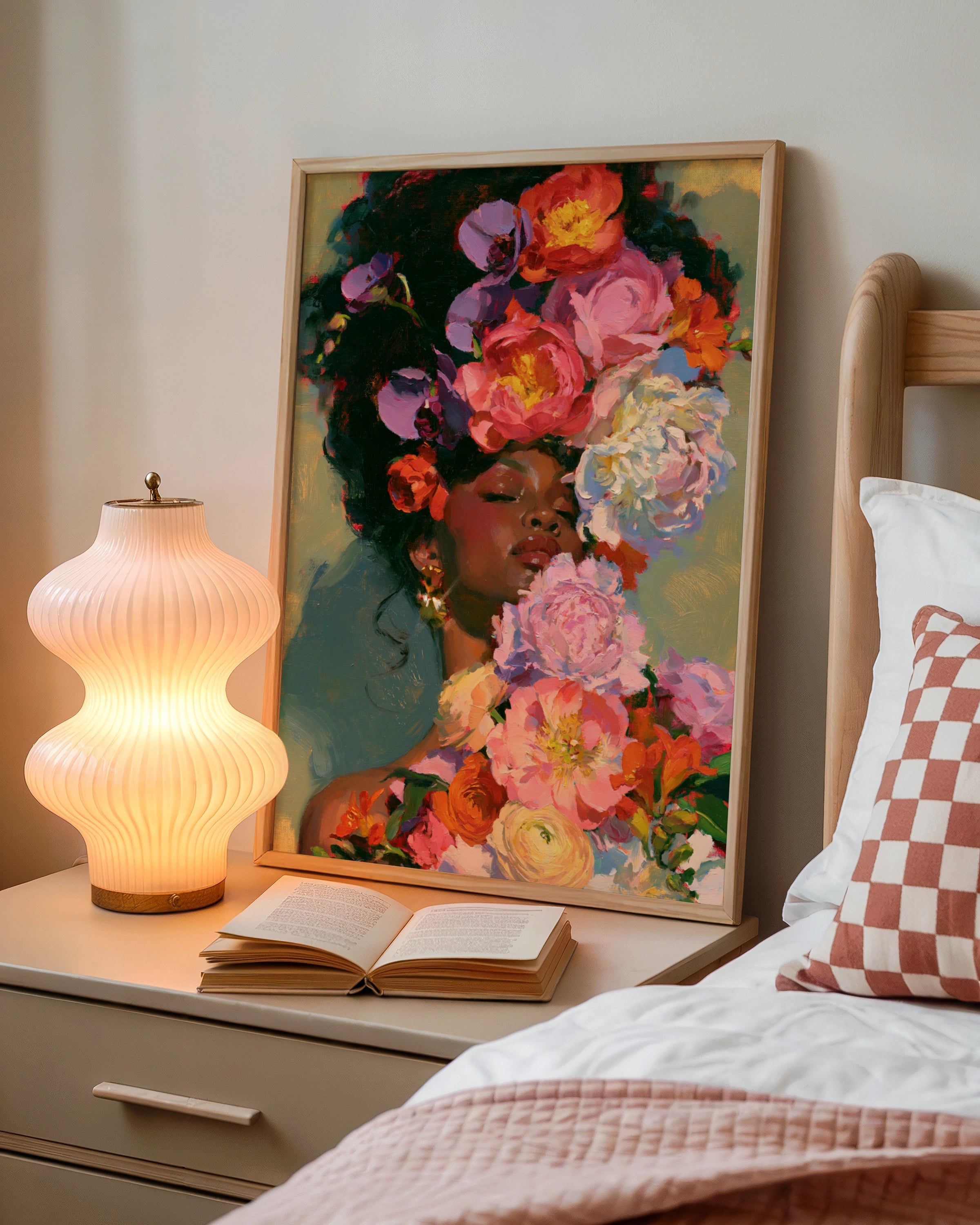 Woman with Flowers Wall Art Poster, Floral Portrait Print, Oil Painting Style