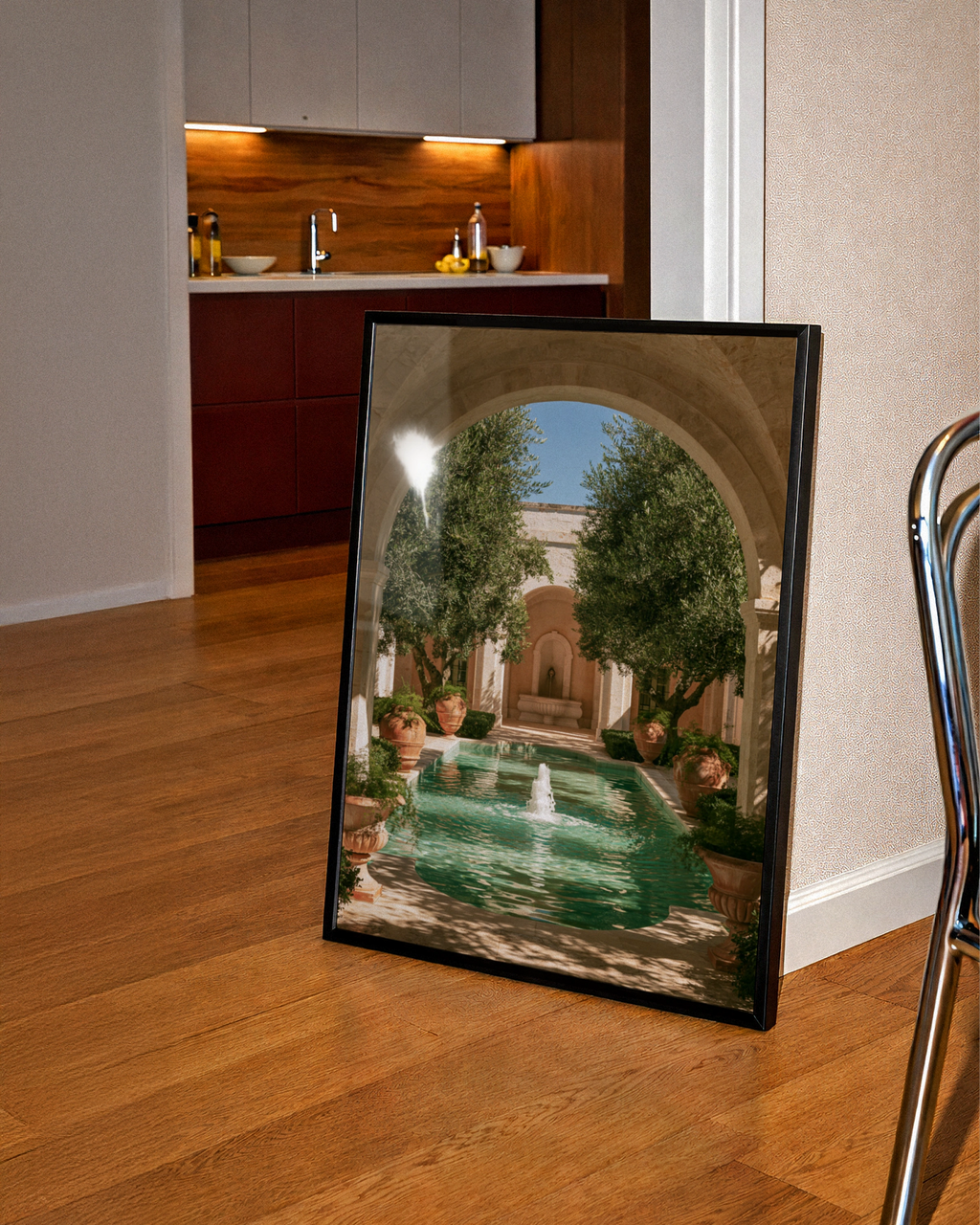 Italian Courtyard Olive Trees Poster, Stone Arch Fountain Wall Art Print