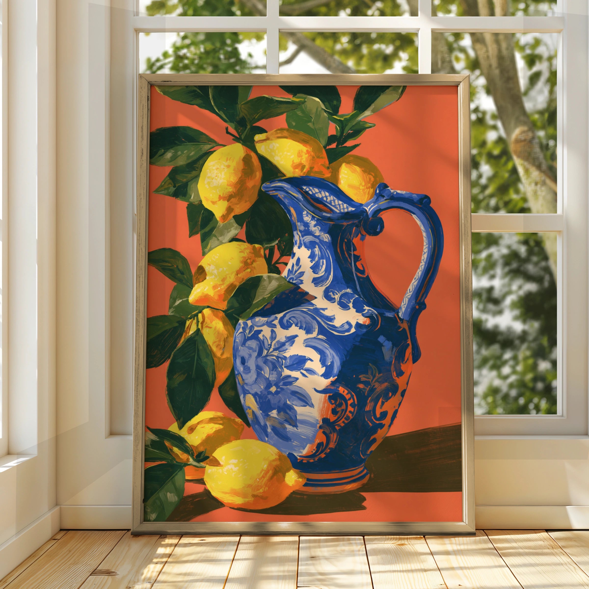 Porcelain Jug Lemons Wall Art Poster, Mediterranean Still Life Print, Orange
