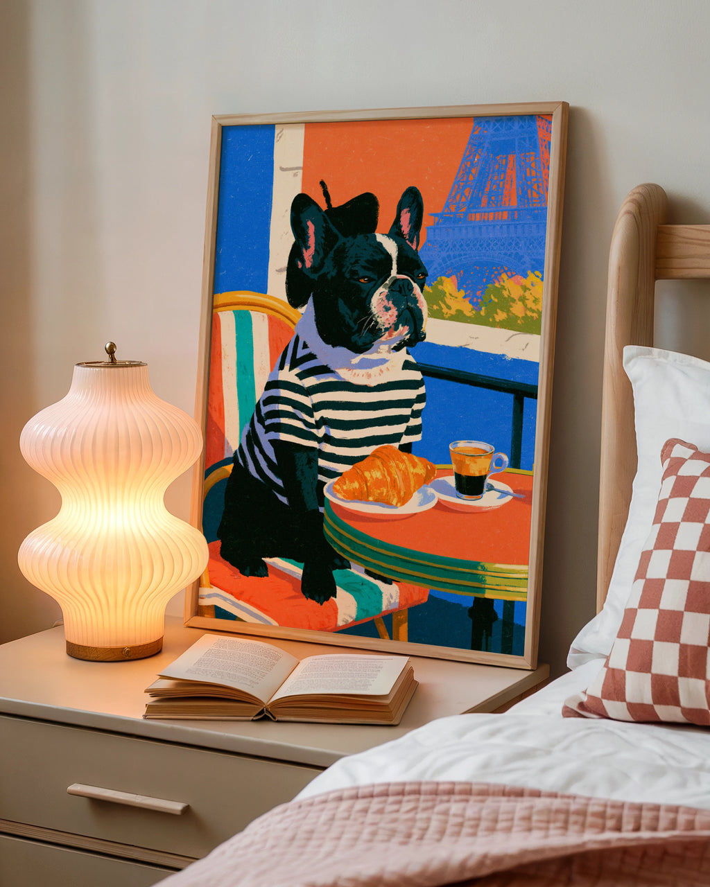 French Bulldog Paris Cafe Wall Art Poster, Eiffel Tower, Bold Colourful Print
