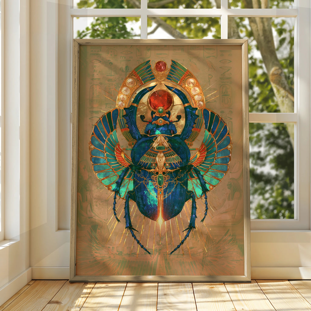 Egyptian Scarab Beetle Wall Art Poster, Metallic Gold Ancient Egypt Print