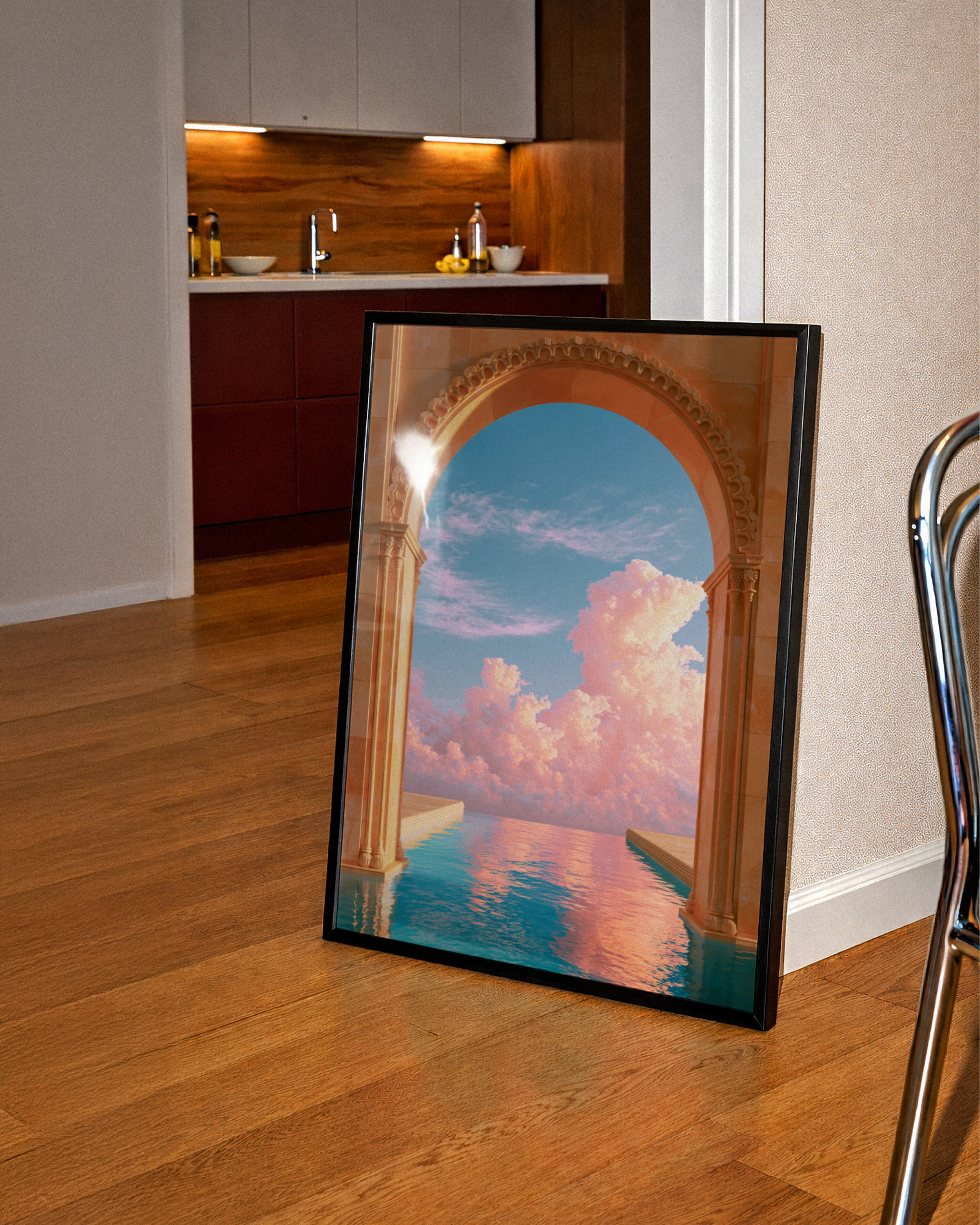 Arch Pool Dreamy Sky Poster, Surreal Architecture Print, Pastel Cloud Wall Art