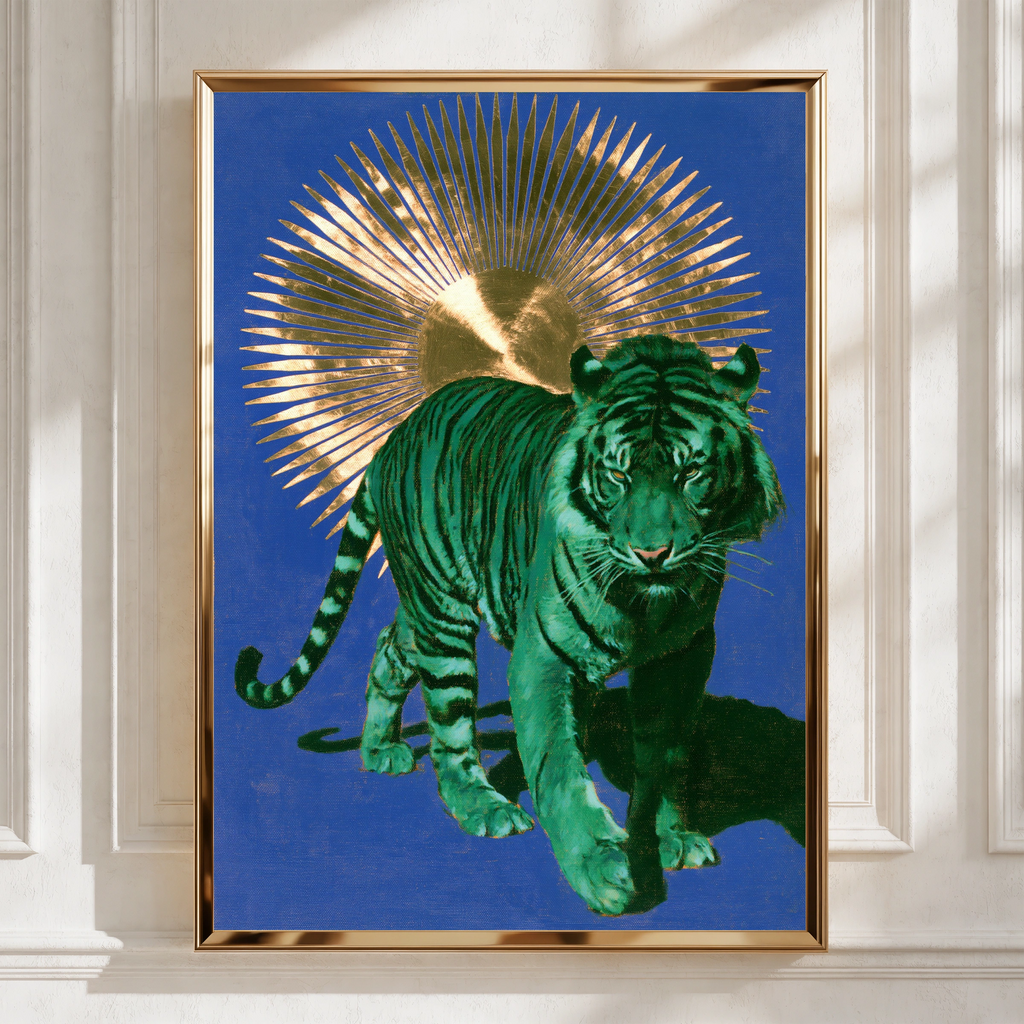 Green Tiger Gold Sun Poster, Bold Animal Wall Art, Blue Maximalist Print
