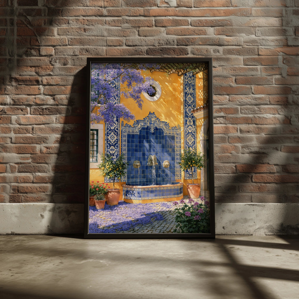 Portuguese Courtyard Fountain Wall Art Poster, Azulejo Tile Blue Yellow Print