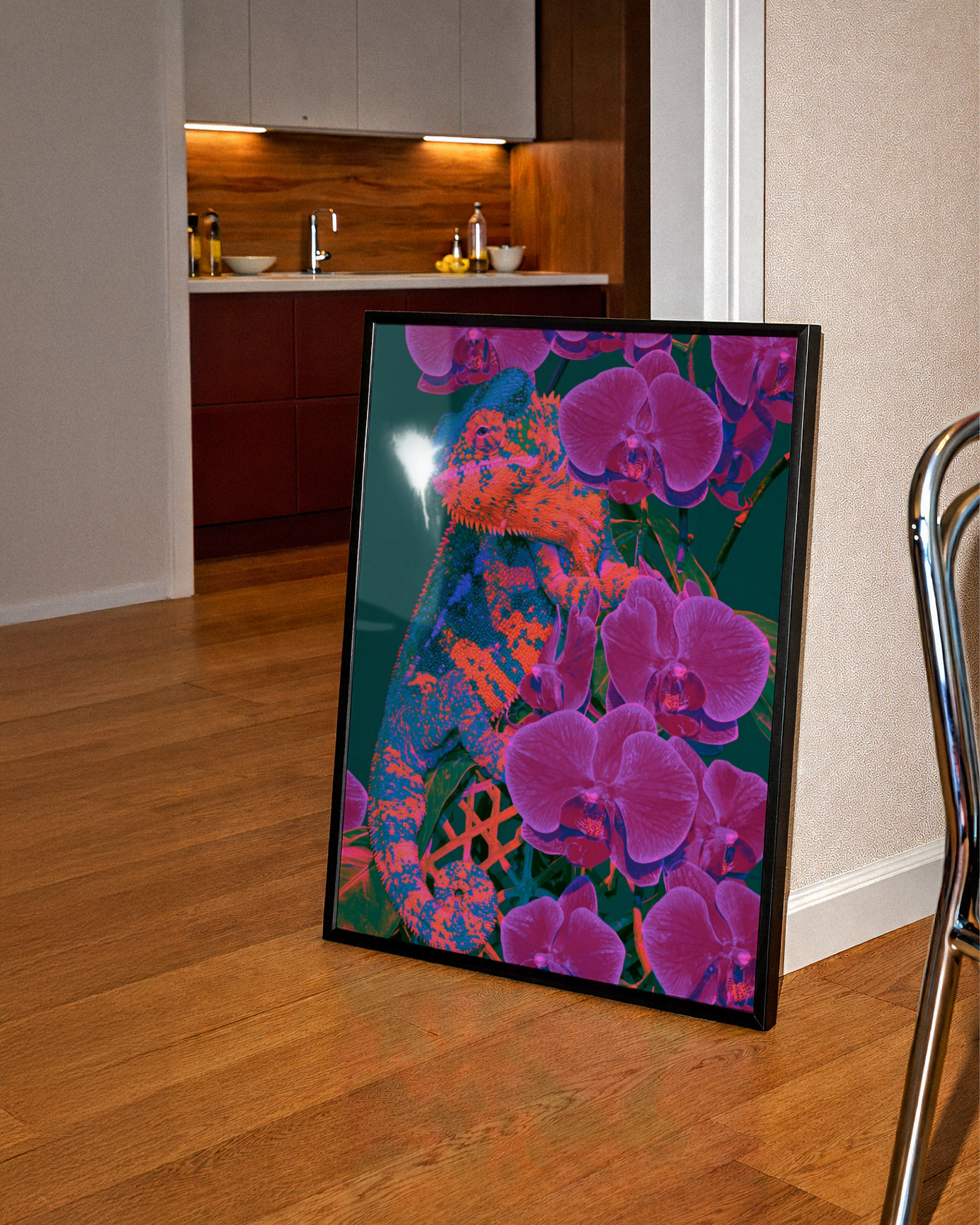 Chameleon Orchid Poster, Bold Orange Purple Tropical Wall Art, Neon Wildlife Print