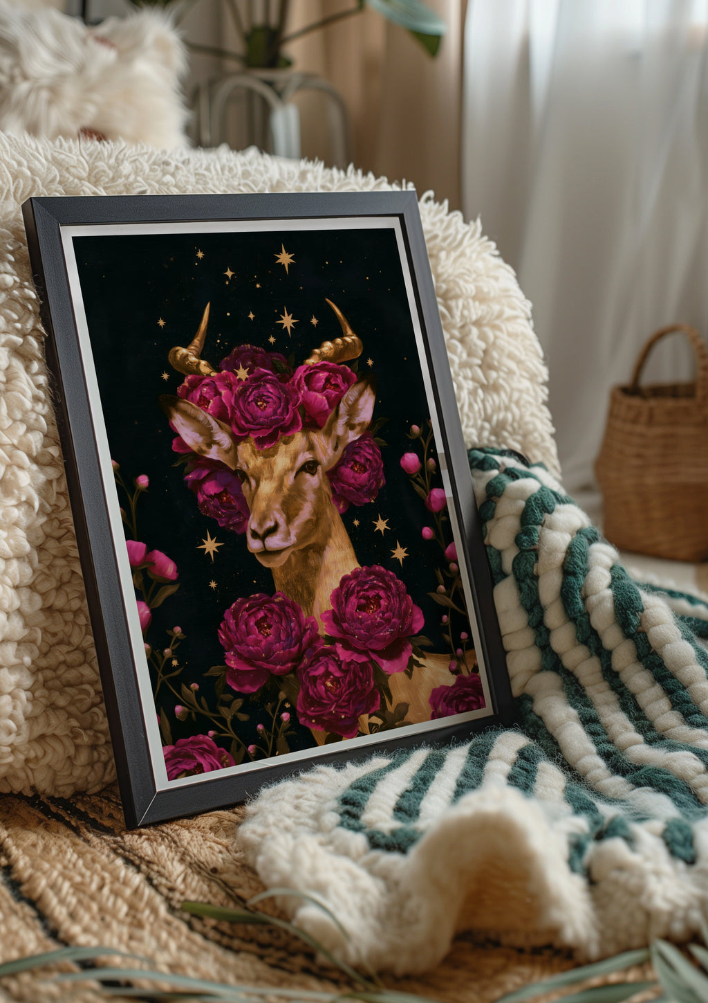 Antelope Flowers Stars Poster, Dark Floral Animal Wall Art, Celestial Print